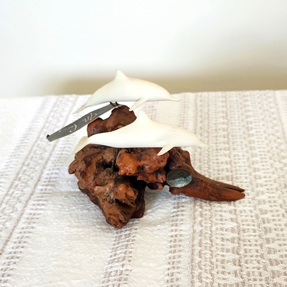 John Perry Double Dolphins Sculpture Figurine on Burl Wood Base